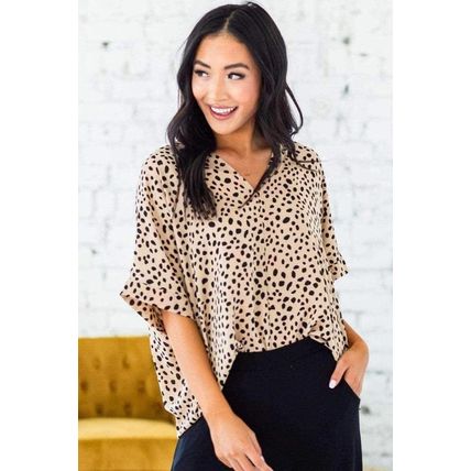 Brown Chloe Animal Print V-neck Rolled Sleeve Tunic Top