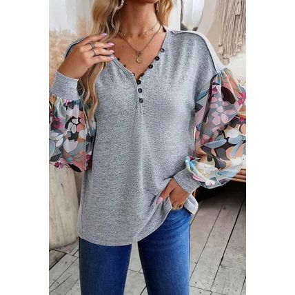 Gray Floral Lantern Sleeve Patchwork Buttoned V Neck Top