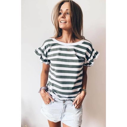 Sea Green Striped V Neck Ruffle Sleeve Top