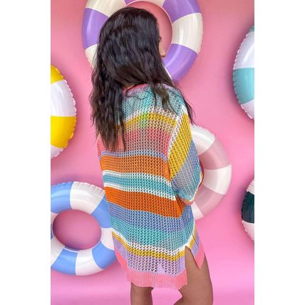 Pink Stripe Colorblock Hollowed Crochet 3/4 Sleeve Sweater