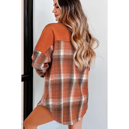 Khaki Colorblock Plaid Pattern Flap Pockets Buttoned Shacket