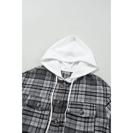 Black Plaid Print Flap Pockets Contrast Hooded Loose Shacket