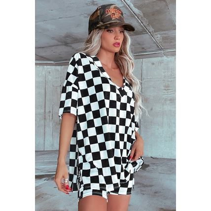 Black Checkerboard Print V Neck Loose Tee and Shorts Lounge Set