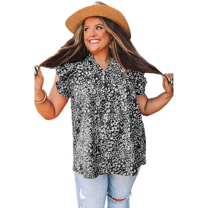Black Rose Floral Print Ruffle Sleeve Plus Size Shift Top