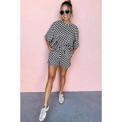Black Checkered Top and Short Casual 2pcs Set