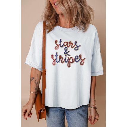 White Sequin stars & stripes Graphic Drop Shoulder Loose T Shirt