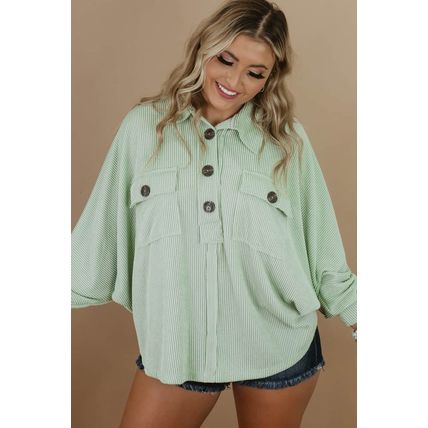 Green Plus Size Ribbed Pocketed Long Sleeve Henley Top