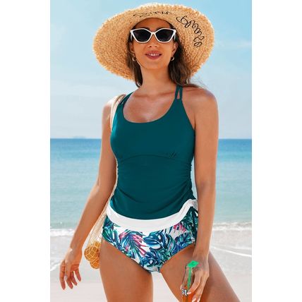 Sea Green Drawstring Tummy Control Mix-and-match 2pcs Tankini Swimsuit