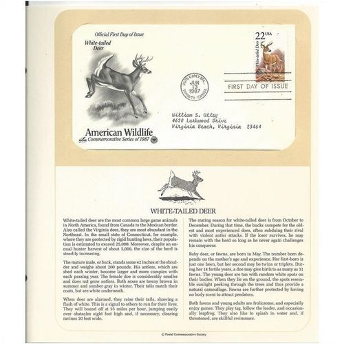 AMERICAN WILDLIFE ' OFFICIAL FIRST DAY of ISSUE ' WHITE-TAILED DEER (1987)