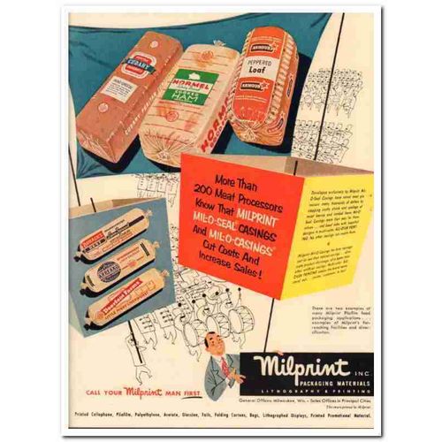 milprint inc 1952 mil-o-casings mil-o-seal meat packing vintage ad