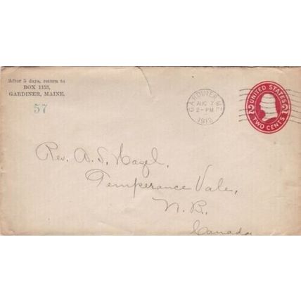 United States 1912 Gardiner Me to Temperance Vale Canada cover tear on top