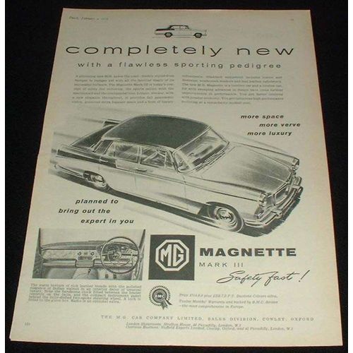 1959 MG Magnette Mark III Car Ad, Flawless Pedigree!!