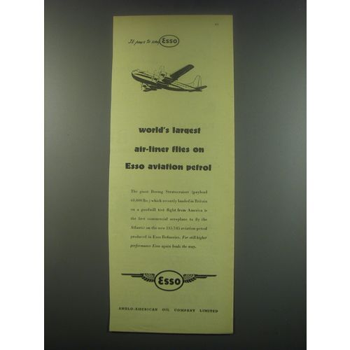 1949 Esso Aviation Petrol Ad - World's largest air-liner flies on Esso