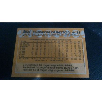 1988 Topps Card # 695 Shawon Dunston Excellent-Mint (6) Chicago Cubs