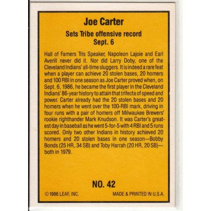 1986 Donruss Highlights Joe Carter baseball card #42