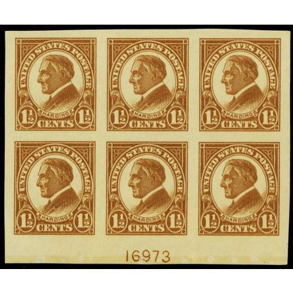 576, Mint XF NH 1-1/2¢ Bottom Plate Block of Six Stamps - Stuart Katz