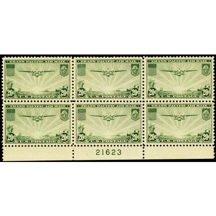 C21, Mint VF NH 20¢ BottomPlate Block of Six Stamps .. Stuart Katz