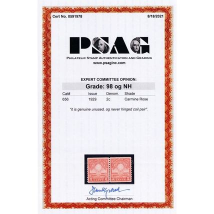 656, Mint /Superb NH 2¢ Pair With Graded 98 PSAG Certificate - Stuart Katz