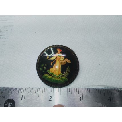 Vintage Russian Hand Painted Lacquered Round Pin Brooch