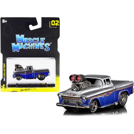 1955 Chevrolet Cameo Pickup Truck Gray and Blue Metallic with Flames 1/64 Die...