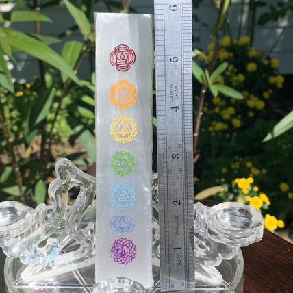 7 Chakras Selenite Wand Charging Plate Crystal Cleansing Etched Symbols 5.78"