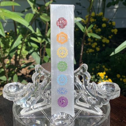 7 Chakras Selenite Wand Charging Plate Crystal Cleansing Etched Symbols 5.78"