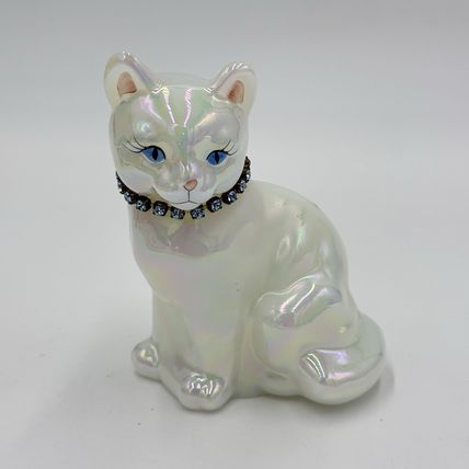 Fenton Art Glass Iridescent Blue Necklace Cat Figurine