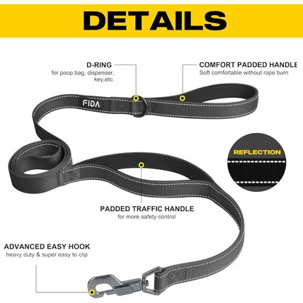 Fida 6 FT Heavy Duty Dog Leash with 2 Comfortable Padded Handles, Traffic Handle