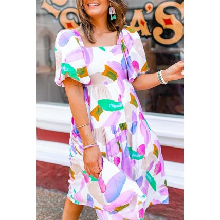 Purple Abstract Print Puff Sleeve Smocked Back Midi Dress