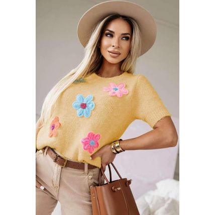 Yellow Cream Cute Flower Applique Short Sleeve Sweater