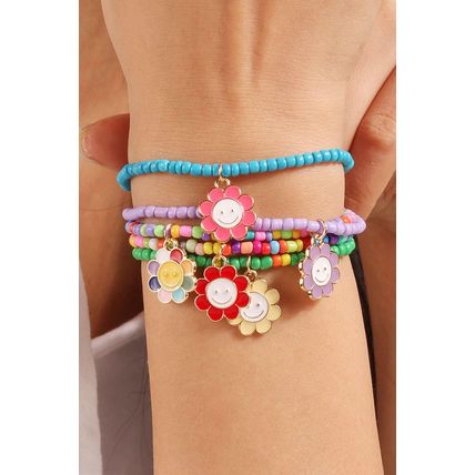 Light Blue 5pcs Smiley Flower Pendant Beaded Bracelet Set