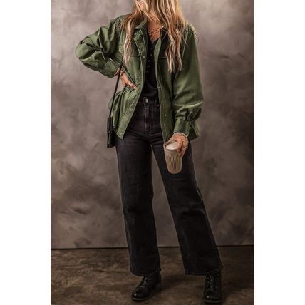 Moss Green Snap Button Zipper Tight Waist Collared Jacket