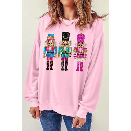 Pink Cute Nutcracker Printed Drop Shoulder Christmas Sweatshirt