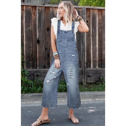 Stone Blue Distressed Bib Pocket Wide Leg Denim Overall