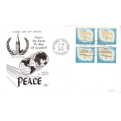 CANADA 1964 WORLD PEACE BLOCK OF 4 FIRST DAY COVER OTTAWA CDS