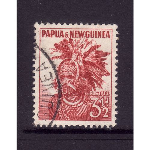 PAPUA & NEW GUINEA 1952 SG 6 3 1/2d PAPUAN HEAD DRESS CARMINE RED FINE USED