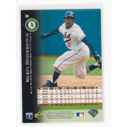 1995 Upper Deck Rickey Henderson baseball card #30 –HOF-Athletics