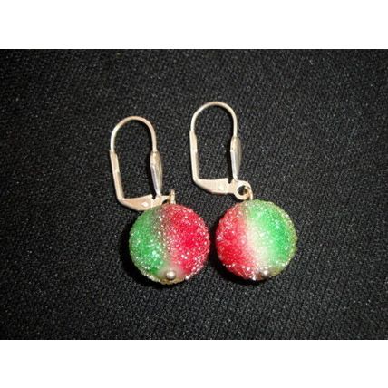 Two round multi colour textured glass short drop earrings Rastafari