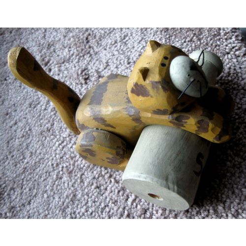 Unique Painted Wood Gold & Brown Tiger Kitty Cat With Matching Milk Bottle