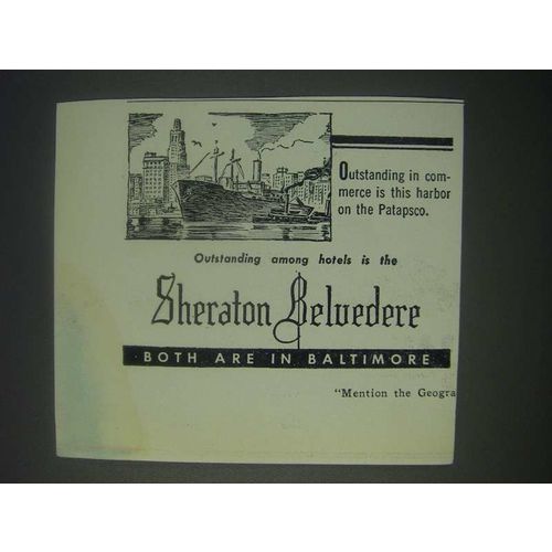 1947 Sheraton Belvedere Hotel Ad - Harbor on the Patapsco