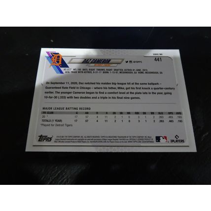 2021 Topps Card # 441A Daz Cameron Rookie Card Mint (9) Detroit Tigers