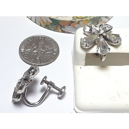 Estate Pear Cut Rhinestone Flower Screw On Phyllis Sterling Silver Earring#18464