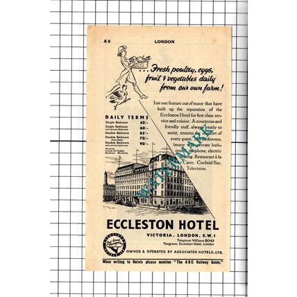 Eccleston Hotel Victoria London / Cadogan Hotel London Advert - 1958 Cutting