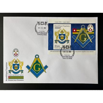 Togo 2022 FDC 1er jour S/S bloc ND Imperf Mi. ? 50 ans Grande Loge franc-maçons