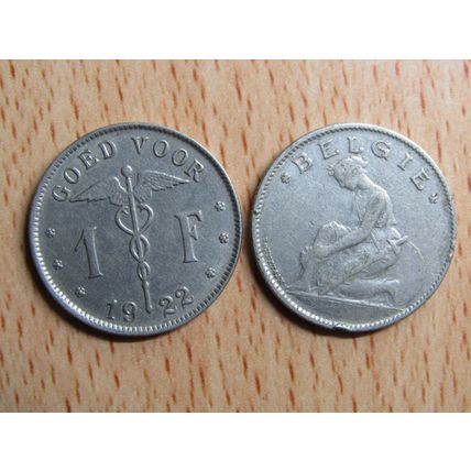 Belgium 1922 1 Frank Belgie (Dutch - Flemish Text) Coin