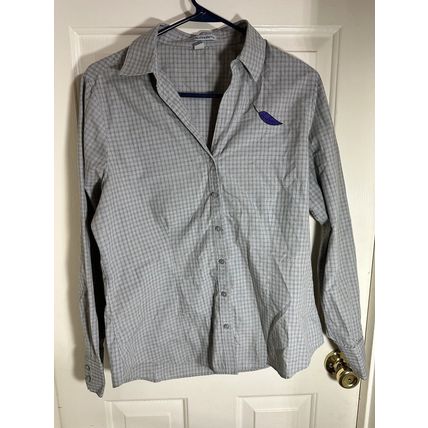 WOMENS Port Authority Long Sleeve Plaid Button Up Shirt Grey W/Purple Leaf Sz M