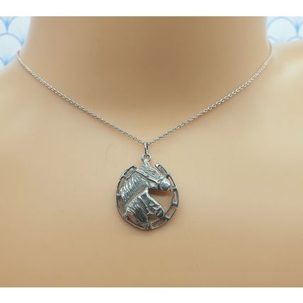Vintage 925 Sterling Silver Horseshoe, Horse and Foal Pendant Necklace