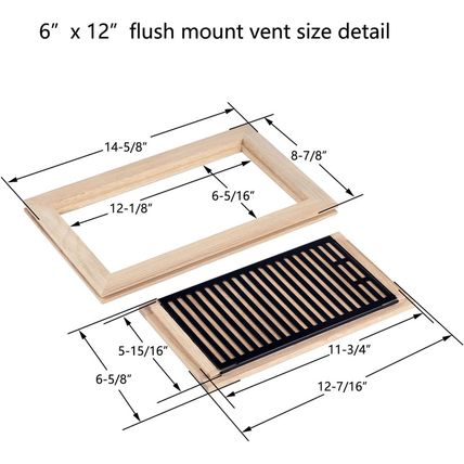 White Oak Wood Floor Register, Flush Mount Vent with Damper, 6X12 Inch, Unfinish