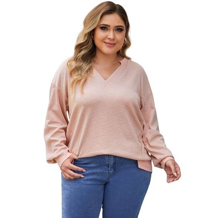 Pink Raw Cut Notched Neck Plus Size French Terry Hoodie