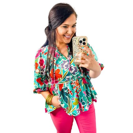 Multicolor Floral Tie Split Neck Plus Size Peplum Blouse